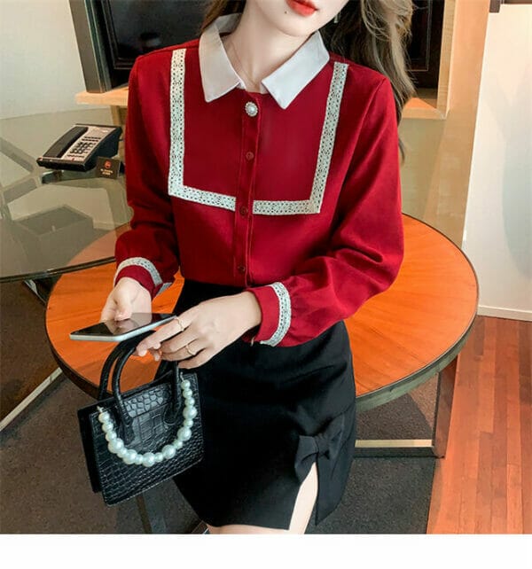 Retro Preppy Woven Splice Doll Collar Long Sleeve Blouse 2