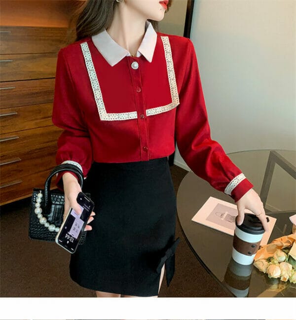 Retro Preppy Woven Splice Doll Collar Long Sleeve Blouse 1