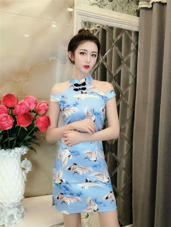 Retro Sexy 2 Colors Off Shoulder Crane Printings Slim Dress 3