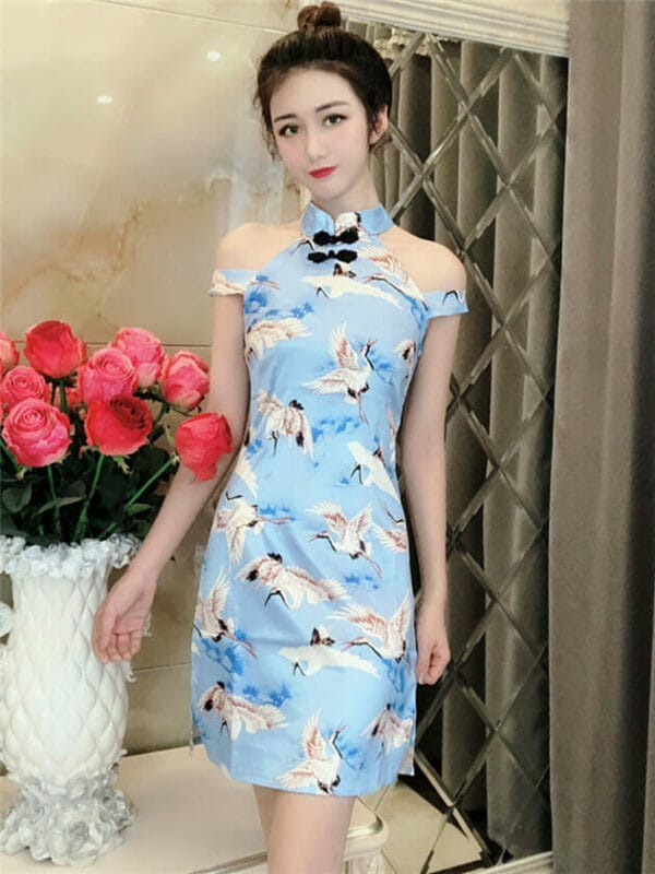 Retro Sexy 2 Colors Off Shoulder Crane Printings Slim Dress 1