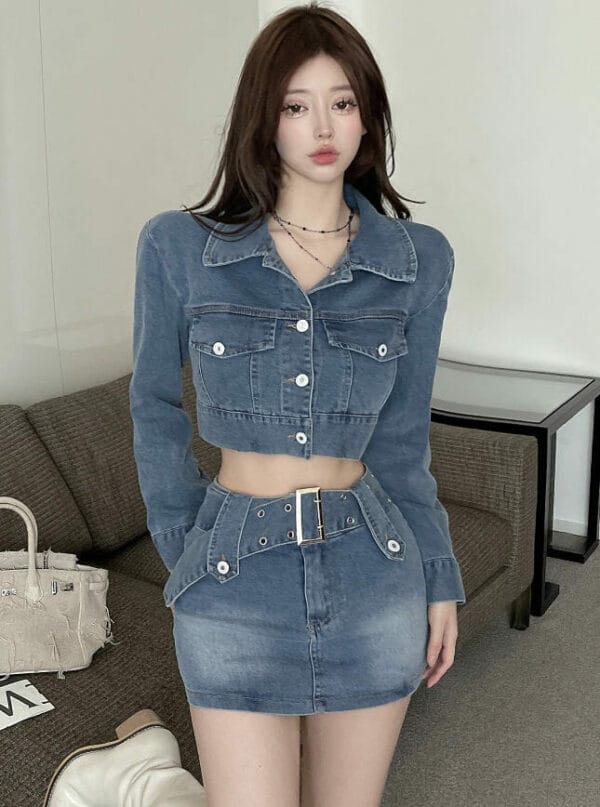 Retro Sexy Denim Short Jacket with Belt Waist Skinny Skirt 1