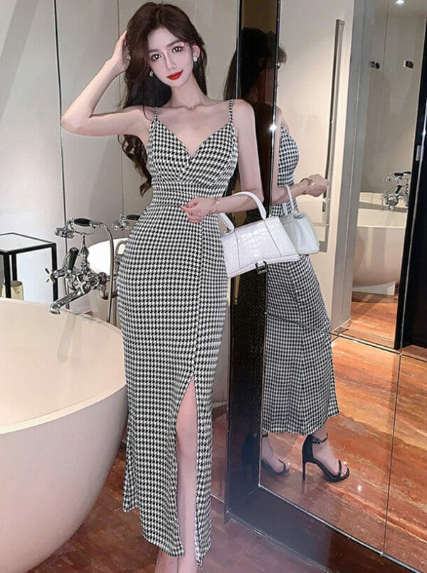 Retro Sexy High Waist V-neck Houndstooth Straps Long Dress 5