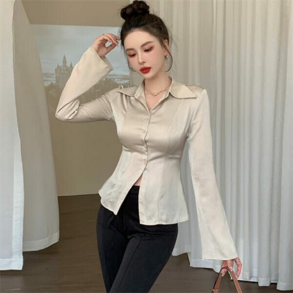 Retro Shirt Collar Flare Sleeve Slim Blouse 4