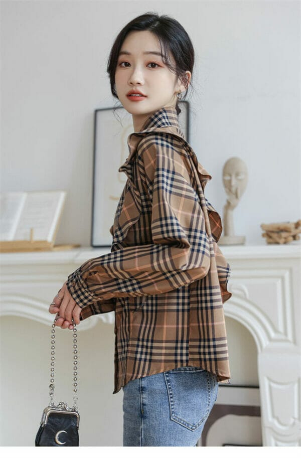 Retro Shirt Collar Flouncing Plaids Loosen Blouse 5