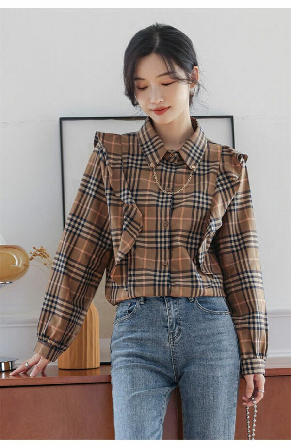 Retro Shirt Collar Flouncing Plaids Loosen Blouse 4