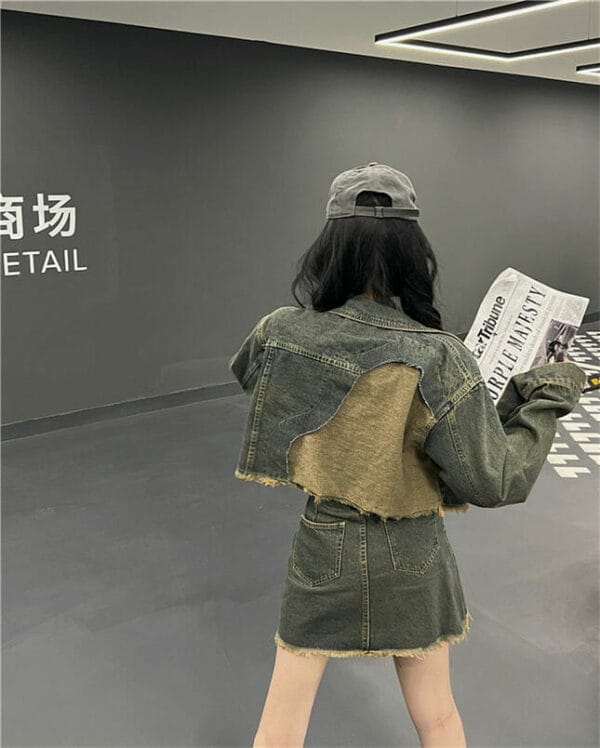 Retro Street Fashion Faded Denim Short Jacket with Skirt 5