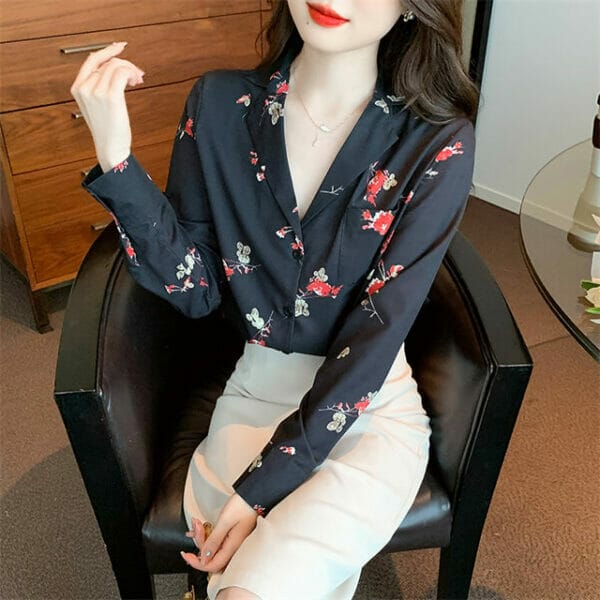 Retro Tailored Collar Buttons Open Flowers Blouse 5