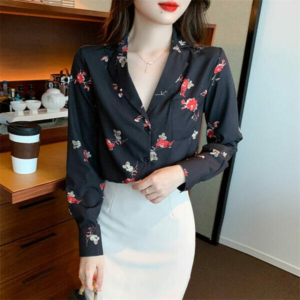 Retro Tailored Collar Buttons Open Flowers Blouse 4