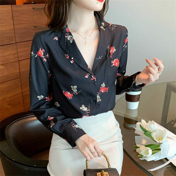 Retro Tailored Collar Buttons Open Flowers Blouse 3
