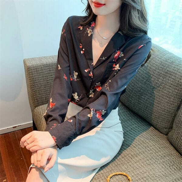 Retro Tailored Collar Buttons Open Flowers Blouse 2