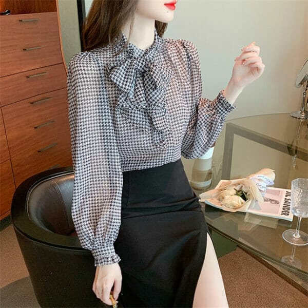 Retro Tie Collar Houndstooth Chiffon Blouse 5