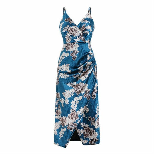 Retro V-neck Flowers Straps Split Velvet Dress 6