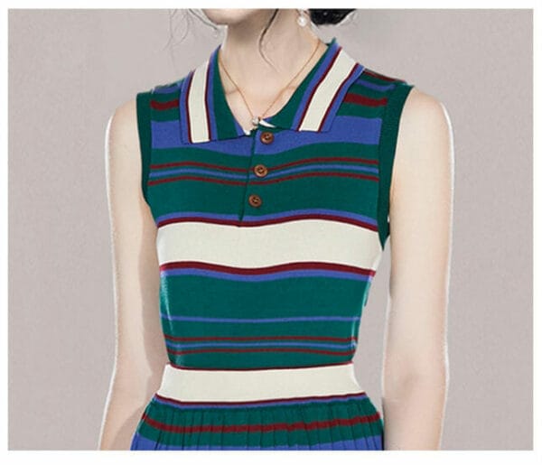 Retro Shirt Collar Stripes Knitting Tank Dress Set 3