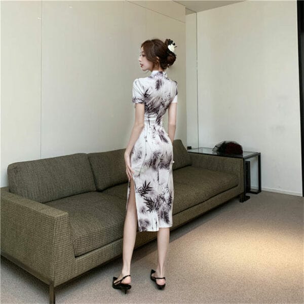 Retro Women Bamboo Printings Split Slim Cheongsam Dress 5