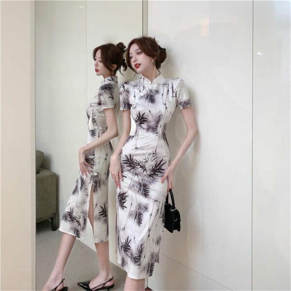 Retro Women Bamboo Printings Split Slim Cheongsam Dress 4