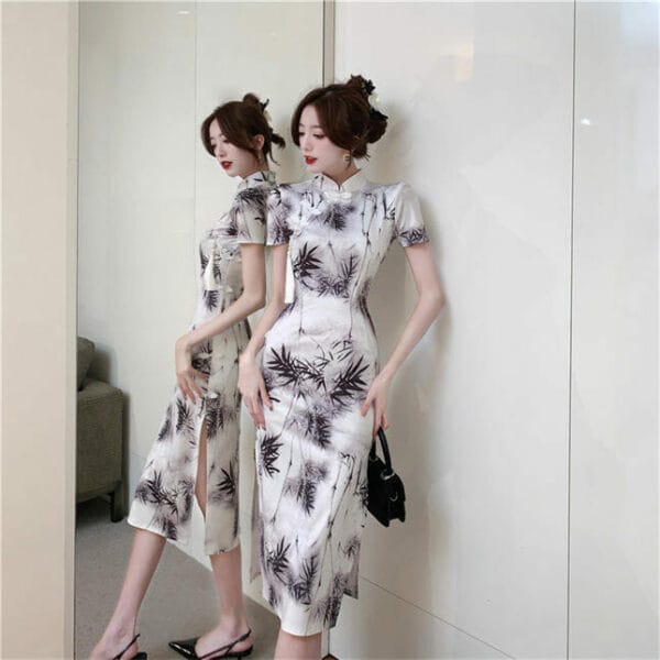 Retro Women Bamboo Printings Split Slim Cheongsam Dress 3