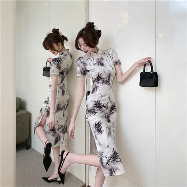 Retro Women Bamboo Printings Split Slim Cheongsam Dress 2