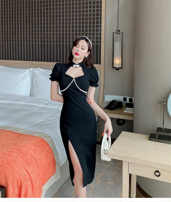 Retro Women Fashion Beads Hollow Out Split Slim Dress 4