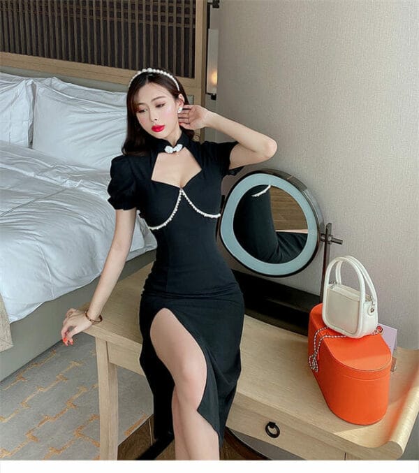 Retro Women Fashion Beads Hollow Out Split Slim Dress 2