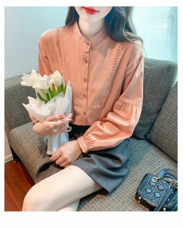 Retro Women Fashion Buttons Open Puff Sleeve Blouse 5