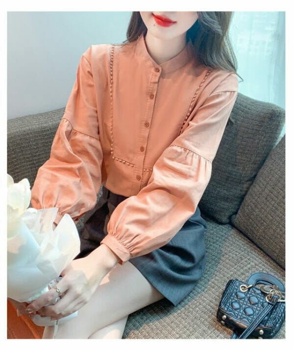 Retro Women Fashion Buttons Open Puff Sleeve Blouse 4