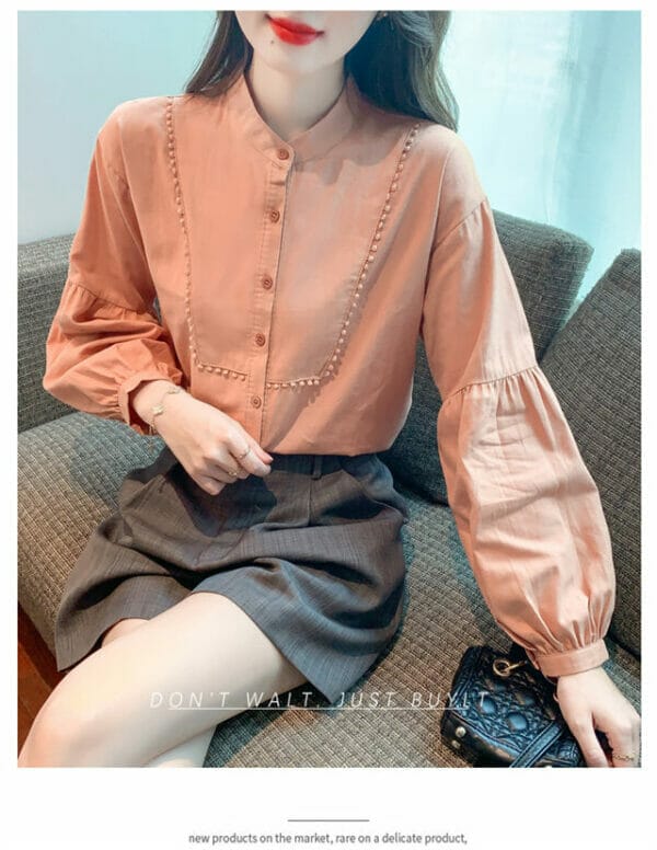 Retro Women Fashion Buttons Open Puff Sleeve Blouse 3