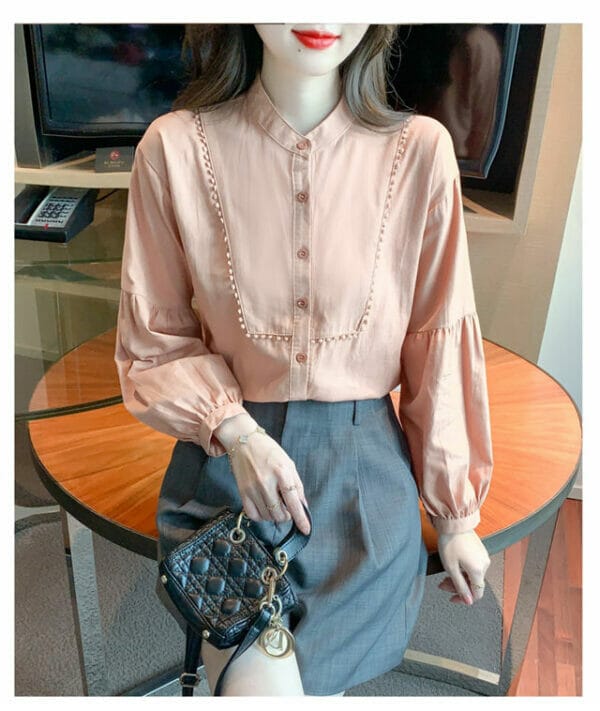 Retro Women Fashion Buttons Open Puff Sleeve Blouse 2