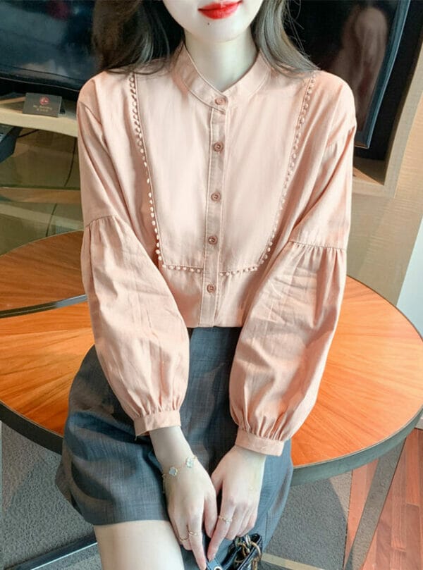 Retro Women Fashion Buttons Open Puff Sleeve Blouse 1