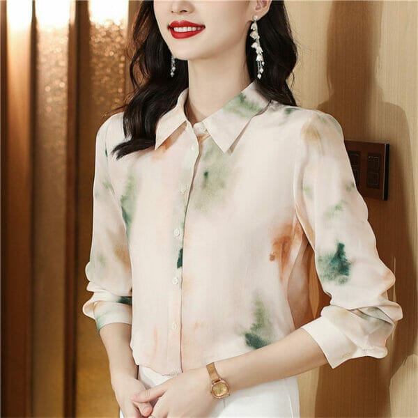 Retro Women Fashion Ink Flowers Puff Sleeve Loosen Blouse 3