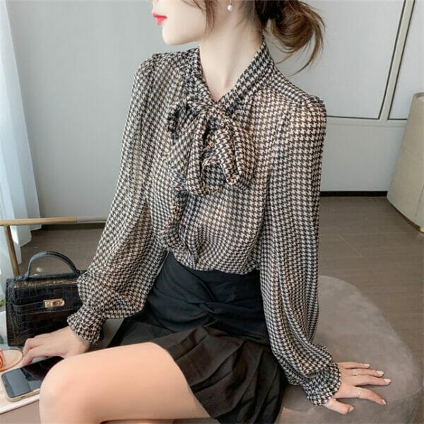 Retro Women Fashion Tie Collar Houndstooth Loosen Blouse 5