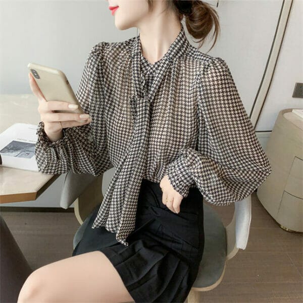 Retro Women Fashion Tie Collar Houndstooth Loosen Blouse 4