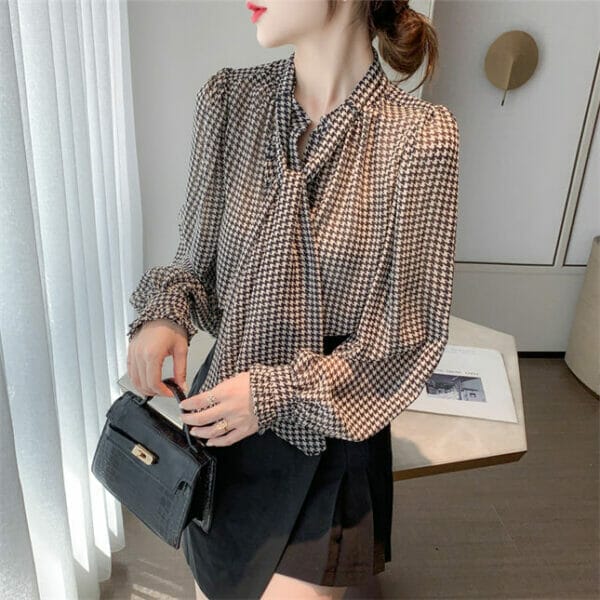 Retro Women Fashion Tie Collar Houndstooth Loosen Blouse 3