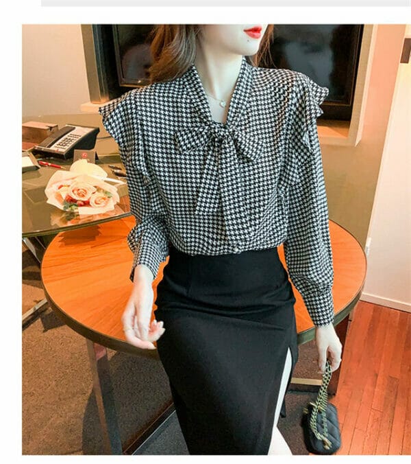 Retro Women Fashion Tie Collar Houndstooth Puff Sleeve Blouse 4