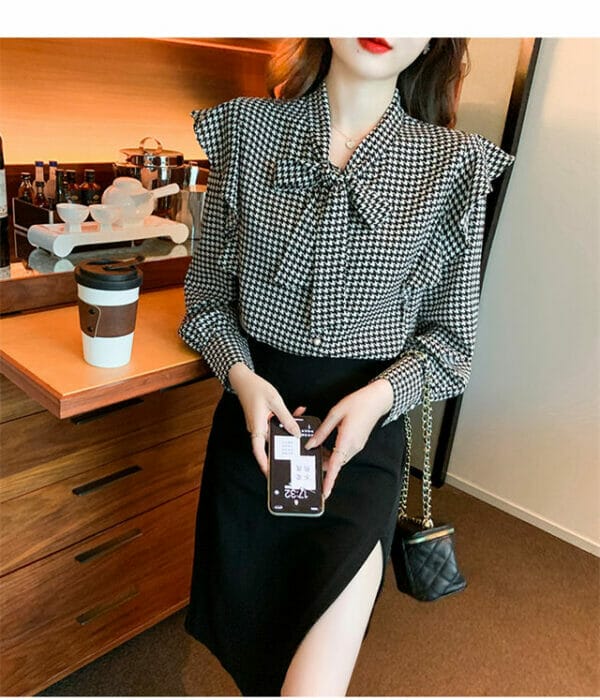 Retro Women Fashion Tie Collar Houndstooth Puff Sleeve Blouse 2