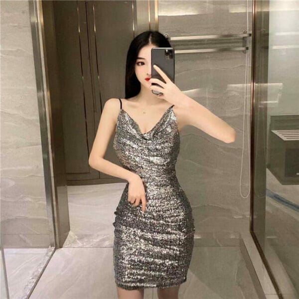Sexy 3 Colors Heaps Collar Sequins Straps Dress 6