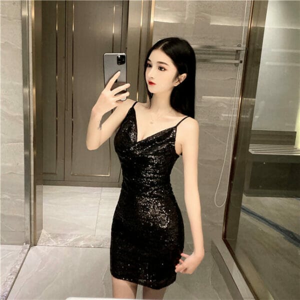 Sexy 3 Colors Heaps Collar Sequins Straps Dress 3