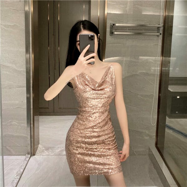 Sexy 3 Colors Heaps Collar Sequins Straps Dress 2