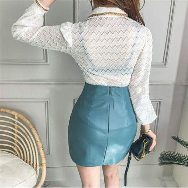 Sexy Charm Lace Stripes Blouse with Leather Skirt 4