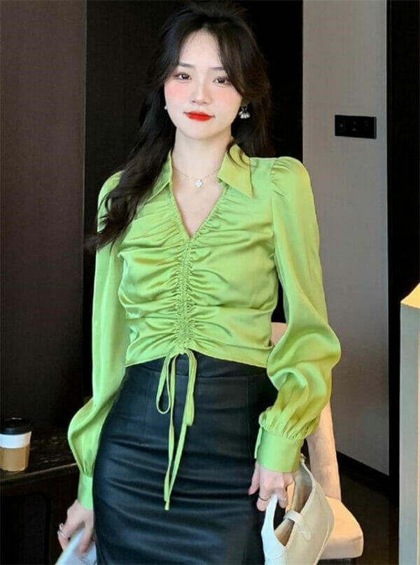 Sexy Charming 2 Colors Draw-string V-neck Puff Sleeve Blouse 1