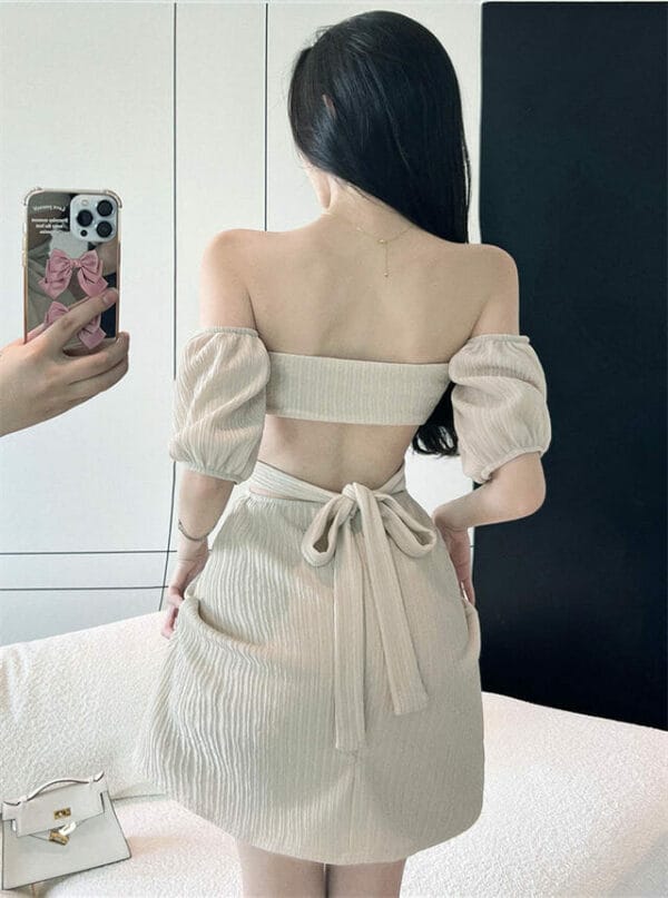 Sexy Charming Boat Neck Backless Puff Sleeve A-line Dress 5
