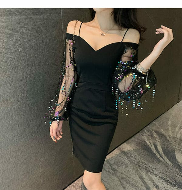 Sexy Charming Boat Neck Sequins Sleeve Slim Dress 3