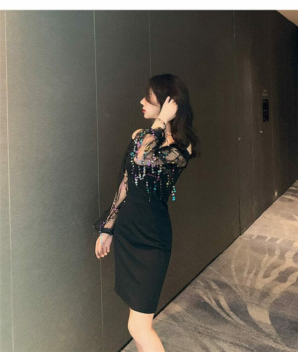 Sexy Charming Boat Neck Sequins Sleeve Slim Dress 2