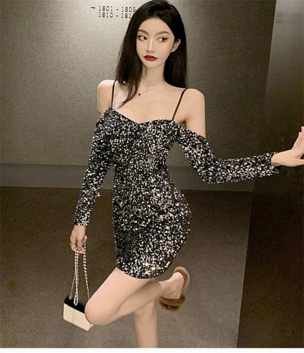 Sexy Charming Boat Neck Sequins Straps Slim Dress 4