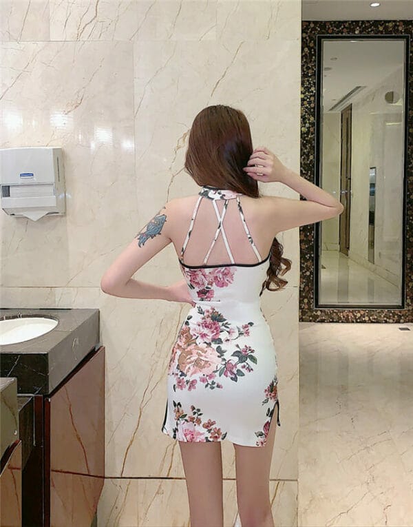 Sexy Charming Off Shoulder Flowers Cheongsam Slim Dress 5