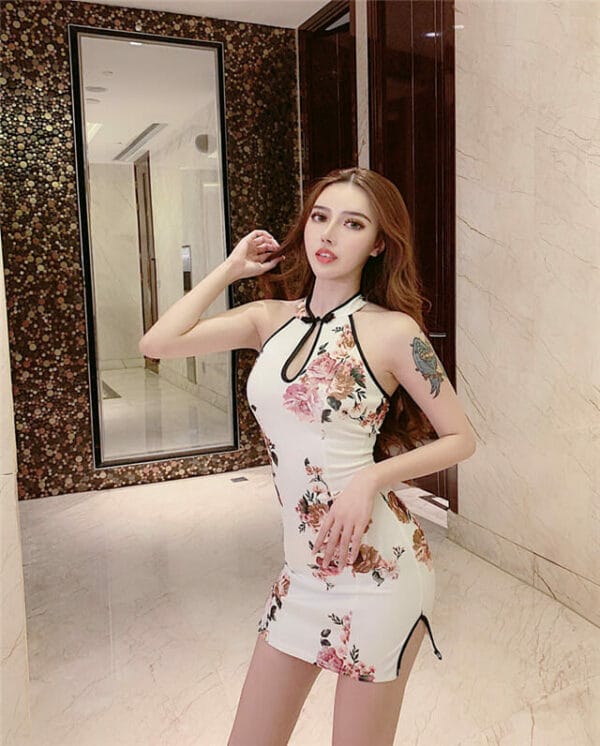 Sexy Charming Off Shoulder Flowers Cheongsam Slim Dress 2