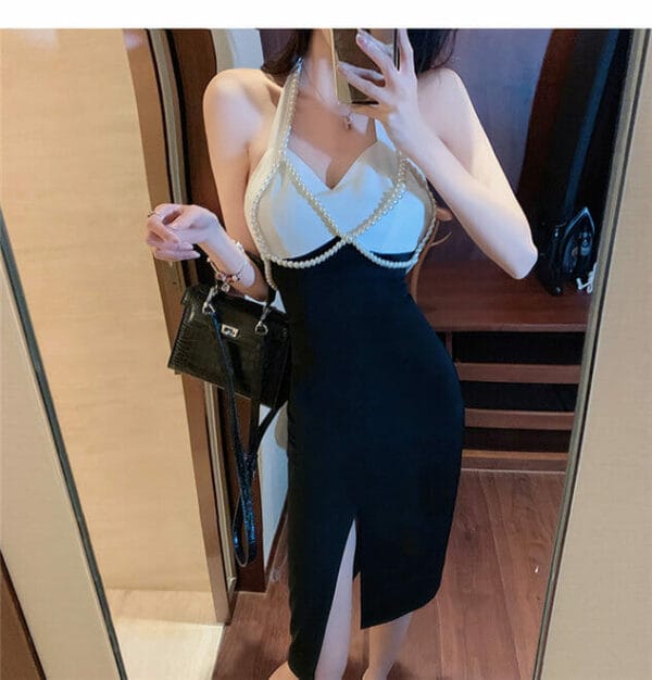 Sexy Color Block Split Halter Skinny Dress 4