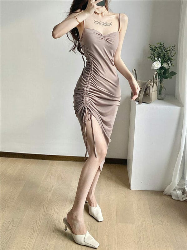 Sexy Draw-string Pleated Backless Straps Dress 4
