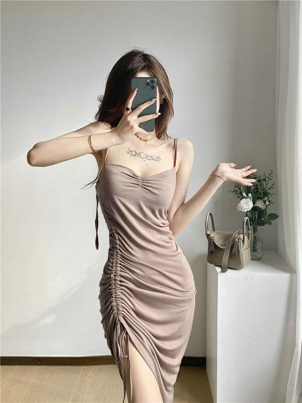 Sexy Draw-string Pleated Backless Straps Dress 3