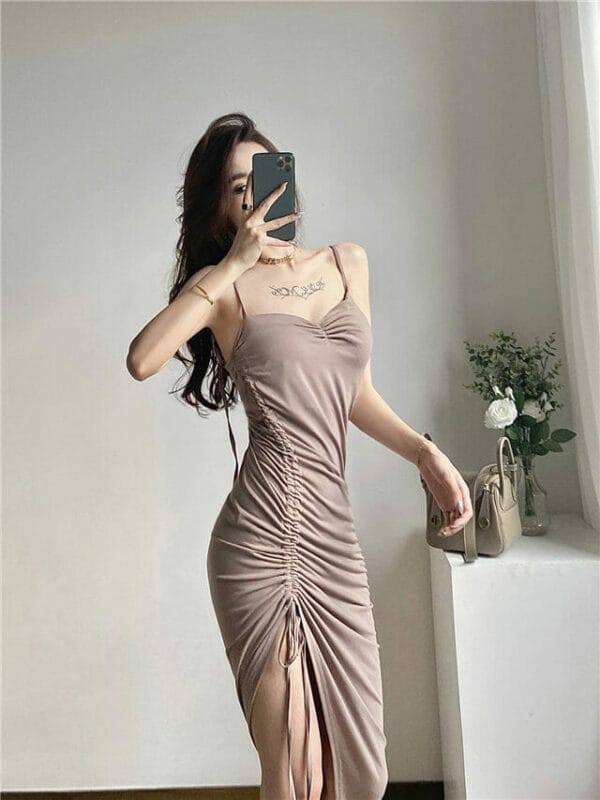 Sexy Draw-string Pleated Backless Straps Dress 2