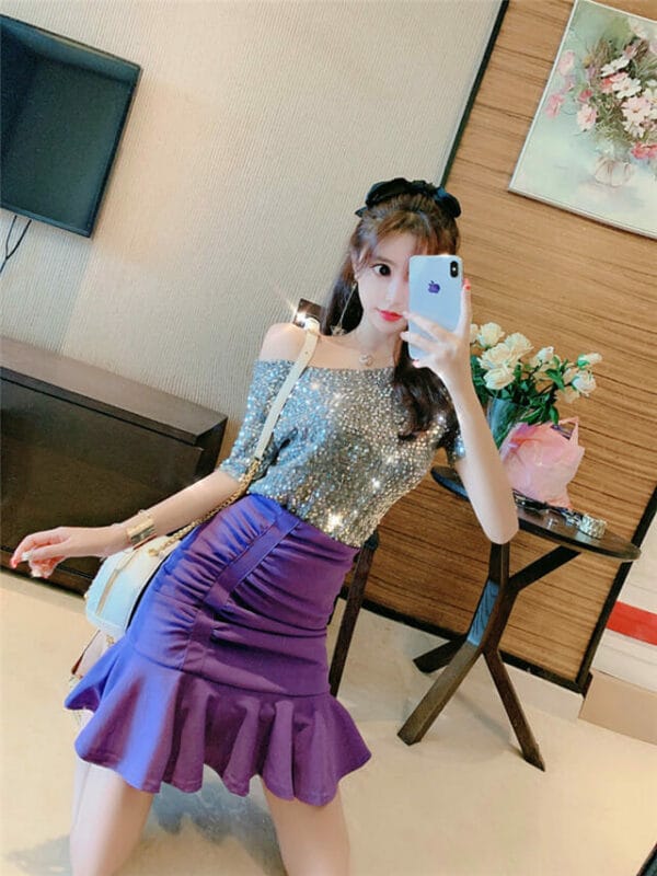 Sexy Fashion 2 Colors Sequins T-shirt with Fishtail Short Skirt 2